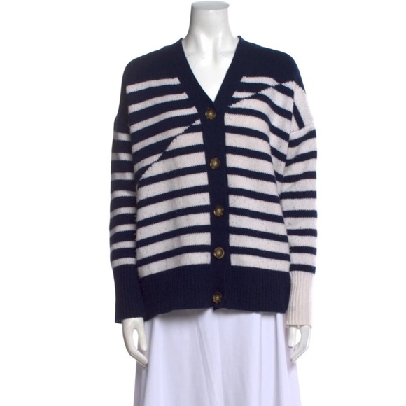 La Ligne New York Striped Wool Blend Cardigan Navy Cream Button Front XS - Picture 4 of 12